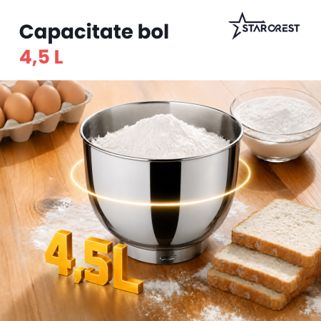 Robot de bucătărie STARCREST SKM-1045BK, 1500 W, Bol 4,5 L Inox, 4 Accesorii, 10 Viteze + Pulse, Negru [4]