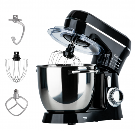 Mixere - Robot de bucatarie STARCREST SKM-1300BK, 1300W, Bol 5.2 L Inox, 4 Accesorii, 10 Viteze + Pulse, Angrenaje metalice, Negru