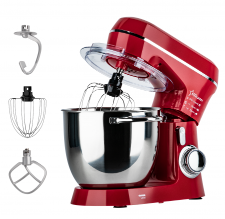 Mixere - Robot de bucatarie STARCREST SKM-1300RD, 1300W, Bol 5.2 L Inox, 4 Accesorii, 10 Viteze + Pulse, Angrenaje metalice, Rosu