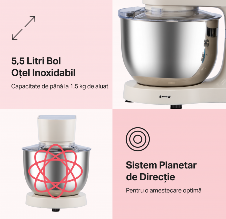 Robot de bucatarie STARCREST SKM-1500CR, 1500W, Bol 5.5 L Inox, 5 Accesorii, 6 Viteze + Pulse, Angrenaje metalice, Crem + Inox [1]