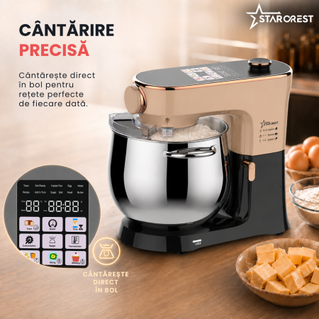 Robot de bucatarie STARCREST SKM-2010BB, 2000 W, Bol inox 10 L, 5 Accesorii, 10 Viteze + pulse, Control digital, Cantar integrat, Functie de dospire, Negru/Bronz [5]
