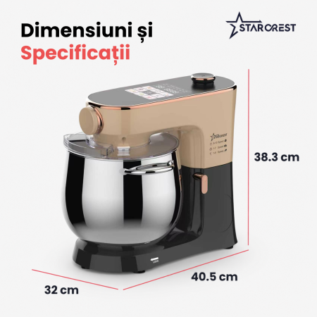 Robot de bucatarie STARCREST SKM-2010BB, 2000 W, Bol inox 10 L, 5 Accesorii, 10 Viteze + pulse, Control digital, Cantar integrat, Functie de dospire, Negru/Bronz [8]