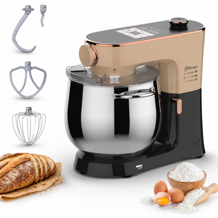 Roboti de bucatarie - Robot de bucatarie STARCREST SKM-2010BB, 2000 W, Bol inox 10 L, 5 Accesorii, 10 Viteze + pulse, Control digital, Cantar integrat, Functie de dospire, Negru/Bronz