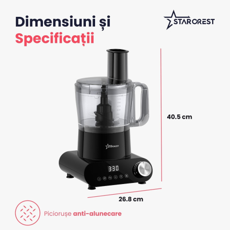 Robot de bucatarie STARCREST SKM1525-10BK, 1500W, Bol 2.5 L, 10 Accesorii, Control digital, Timer, Blender 2 L, Negru [8]