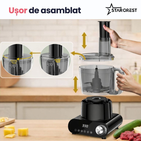 Robot de bucatarie STARCREST SKM1525-10BK, 1500W, Bol 2.5 L, 10 Accesorii, Control digital, Timer, Blender 2 L, Negru [7]