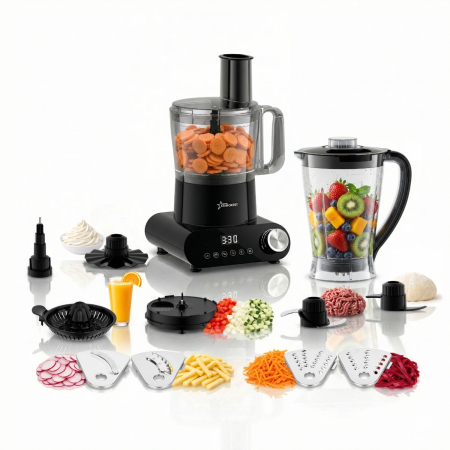 Roboti de bucatarie - Robot de bucatarie STARCREST SKM1525-10BK, 1500W, Bol 2.5 L, 10 Accesorii, Control digital, Timer, Blender 2 L, Negru