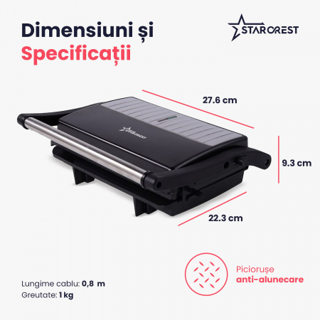 Sandwich-maker Grill Panini STARCREST SGR-2314, 1000 W, Placi nonaderente, Deschidere 180°, Suprafata de gatire 23 x 14 cm, Negru [7]
