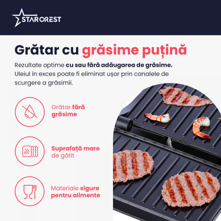 Sandwich-maker Grill Panini STARCREST SGR-2314, 1000 W, Placi nonaderente, Deschidere 180°, Suprafata de gatire 23 x 14 cm, Negru [3]