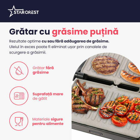 Sandwich-maker Grill Panini STARCREST SGR-2424BX, 1000 W, Placi Grill Ceramice, Deschidere 180°, Suprafata de gatire 23 x 14 cm, Negru/Dark inox [3]