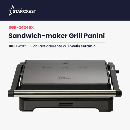 Sandwich-maker Grill Panini STARCREST SGR-2424BX, 1000 W, Placi Grill cu Invelis Ceramic, Deschidere 180°, Suprafata de gatire 23 x 14 cm, Negru/Dark inox [1]