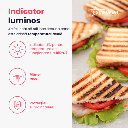 Sandwich-maker Grill Panini STARCREST SGR-2510, 1000 W, Placi Grill Ceramice, Deschidere 180°, Suprafata de gatire 23 x 14.5 cm, Negru/Inox [6]