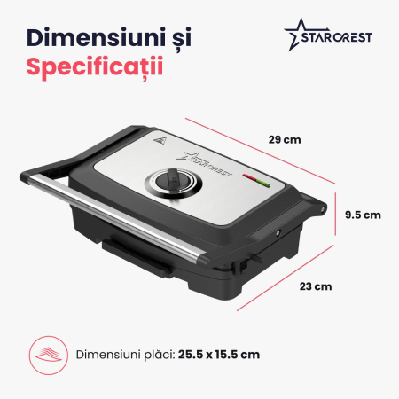 Sandwich-maker Grill Panini STARCREST SGR-2516BX, 1600 W, Placi grill cu invelis ceramic, Temperatura ajustabila, Suprafata de gatire 25.5 x 15.5 cm, Spatula curatare, Negru/Inox [8]