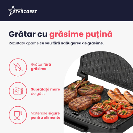 Sandwich-maker Grill Panini STARCREST SGR-2516BX, 1600 W, Placi grill cu invelis ceramic, Temperatura ajustabila, Suprafata de gatire 25.5 x 15.5 cm, Spatula curatare, Negru/Inox [3]
