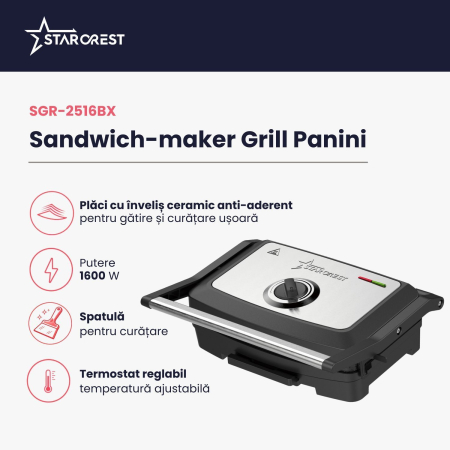 Sandwich-maker Grill Panini STARCREST SGR-2516BX, 1600 W, Placi grill cu invelis ceramic, Temperatura ajustabila, Suprafata de gatire 25.5 x 15.5 cm, Spatula curatare, Negru/Inox [1]