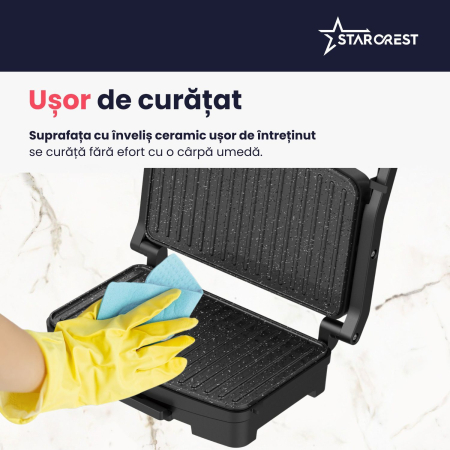 Sandwich-maker Grill Panini STARCREST SGR-2516BX, 1600 W, Placi grill cu invelis ceramic, Temperatura ajustabila, Suprafata de gatire 25.5 x 15.5 cm, Spatula curatare, Negru/Inox [5]