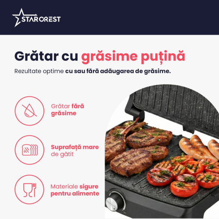 Sandwich-maker Grill Panini STARCREST SGR-2520BX, 1000 W, Placi cu invelis ceramic, Temperatura ajustabila, Deschidere la 180°, Suprafata de gatire 23 x 14.5 cm, Spatula curatare, Negru/Inox [3]