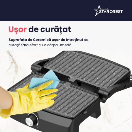 Sandwich-maker Grill Panini STARCREST SGR-2520BX, 1000 W, Placi cu invelis ceramic, Temperatura ajustabila, Deschidere la 180°, Suprafata de gatire 23 x 14.5 cm, Spatula curatare, Negru/Inox [5]