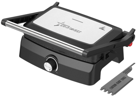 Aparate de bucatarie - Sandwich-maker Grill Panini STARCREST SGR-2520BX, 1000 W, Placi cu invelis ceramic, Temperatura ajustabila, Deschidere la 180°, Suprafata de gatire 23 x 14.5 cm, Spatula curatare, Negru/Inox