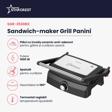 Sandwich-maker Grill Panini STARCREST SGR-2520BX, 1000 W, Placi cu invelis ceramic, Temperatura ajustabila, Deschidere la 180°, Suprafata de gatire 23 x 14.5 cm, Spatula curatare, Negru/Inox [1]