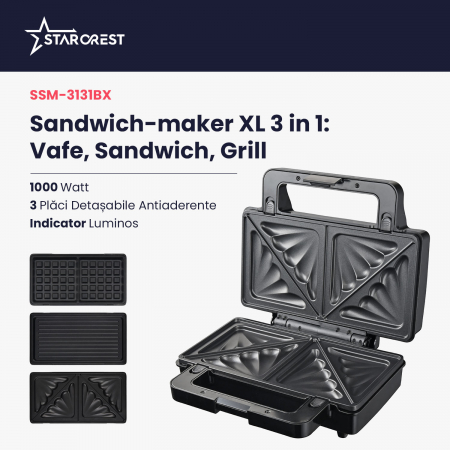 Sandwich maker XL STARCREST SSM-3131BX, 1000 W, 3 placi detasabile antiadezive: sandwich, waffle si grill, Dark Inox [1]
