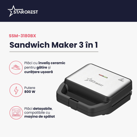 Sandwich maker STARCREST SSM-3180BX, 800 W, 3 tipuri de placi detasabile cu invelis ceramic: grill / sandwich triunghi / vafe, Dimensiune placi 21.6 x 12 cm, Negru/Inox [1]