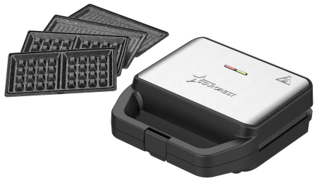 Sandwich-maker - Sandwich maker STARCREST SSM-3180BX, 800 W, 3 tipuri de placi detasabile cu invelis ceramic: grill / sandwich triunghi / vafe, Dimensiune placi 21.6 x 12 cm, Negru/Inox