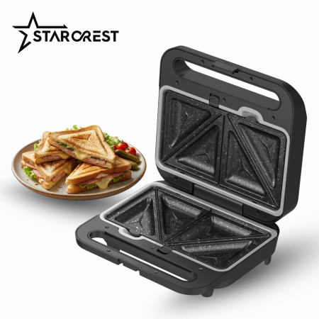 Sandwich maker XL 3 in 1 STARCREST SSM-3110XL, 1000 W, 3 tipuri de placi detasabile cu invelis ceramic: grill / sandwich triunghi / vafe, Dimensiune placi 23 x 13 cm, Negru/Inox [3]