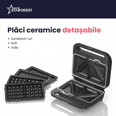 Sandwich maker XL 3 in 1 STARCREST SSM-3110XL, 1000 W, 3 tipuri de placi detasabile cu invelis ceramic: grill / sandwich triunghi / vafe, Dimensiune placi 23 x 13 cm, Negru/Inox [2]