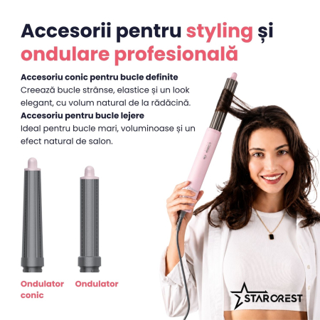 Uscator de par profesional STARCREST SHD-6-1PK, 1300 W, 6 Accesorii incluse, 3 Trepte de viteza, 3 Trepte de temperatura, Buton de aer rece, Roz [4]