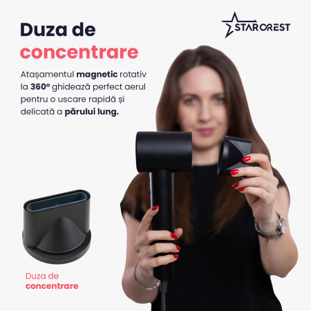 Uscator de par STARCREST SHD-2BK, 1600 W, 110.000 RPM, Ionizare, 3 Trepte de temperatura, 2 Trepte de viteza, Buton de aer rece, Negru [2]