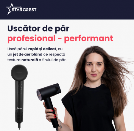 Uscator de par STARCREST SHD-2BK, 1600 W, 110.000 RPM, Ionizare, 3 Trepte de temperatura, 2 Trepte de viteza, Buton de aer rece, Negru [1]