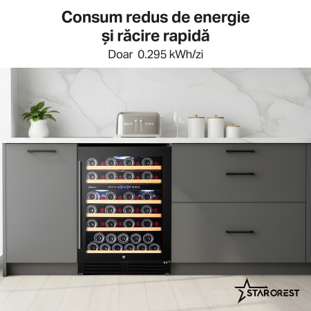 Vitrina de vinuri incorporabila STARCREST SWN-13851DZ , Capacitate 51 sticle, Clasa F, Rafturi din lemn de fag, Control electronic, Display, 2 zone de racire, Iluminat interior LED, H 82 cm, Negru [2]