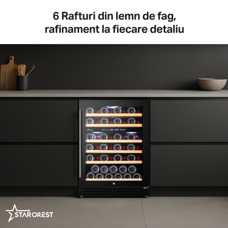 Vitrina de vinuri incorporabila STARCREST SWN-13851DZ , Capacitate 51 sticle, Clasa F, Rafturi din lemn de fag, Control electronic, Display, 2 zone de racire, Iluminat interior LED, H 82 cm, Negru [5]