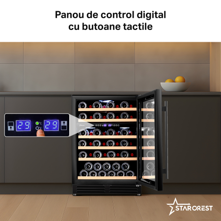 Vitrina de vinuri incorporabila STARCREST SWN-13851DZ , Capacitate 51 sticle, Clasa F, Rafturi din lemn de fag, Control electronic, Display, 2 zone de racire, Iluminat interior LED, H 82 cm, Negru [3]