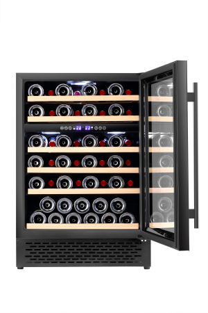 Vitrina de vinuri incorporabila STARCREST SWN-13851DZ , Capacitate 51 sticle, Clasa F, Rafturi din lemn de fag, Control electronic, Display, 2 zone de racire, Iluminat interior LED, H 82 cm, Negru [1]