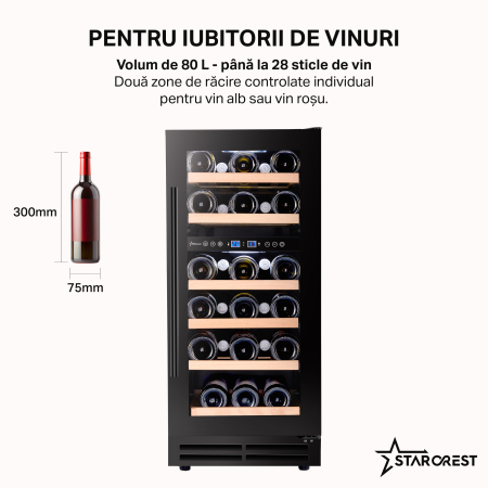 Vitrina de vinuri incorporabila STARCREST SWN-8028DZ, Capacitate 28 sticle, Clasa F, Rafturi din lemn de fag, Control electronic, Display, 2 zone de racire, Iluminat interior LED, H 85.5 cm, Negru [1]
