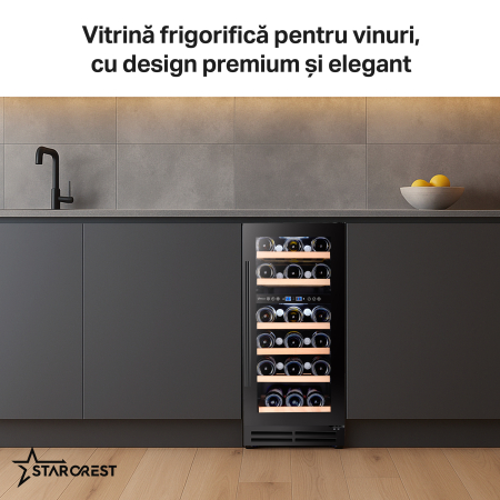 Vitrina de vinuri incorporabila STARCREST SWN-8028DZ, Capacitate 28 sticle, Clasa F, Rafturi din lemn de fag, Control electronic, Display, 2 zone de racire, Iluminat interior LED, H 85.5 cm, Negru [5]