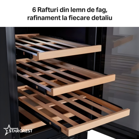 Vitrina de vinuri incorporabila STARCREST SWN-8028DZ, Capacitate 28 sticle, Clasa F, Rafturi din lemn de fag, Control electronic, Display, 2 zone de racire, Iluminat interior LED, H 85.5 cm, Negru [4]