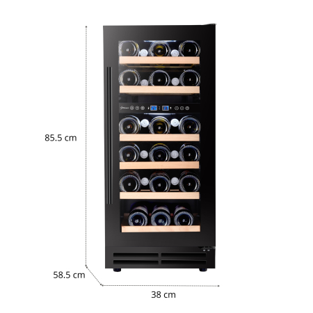 Vitrina de vinuri incorporabila STARCREST SWN-8028DZ, Capacitate 28 sticle, Clasa F, Rafturi din lemn de fag, Control electronic, Display, 2 zone de racire, Iluminat interior LED, H 85.5 cm, Negru [7]