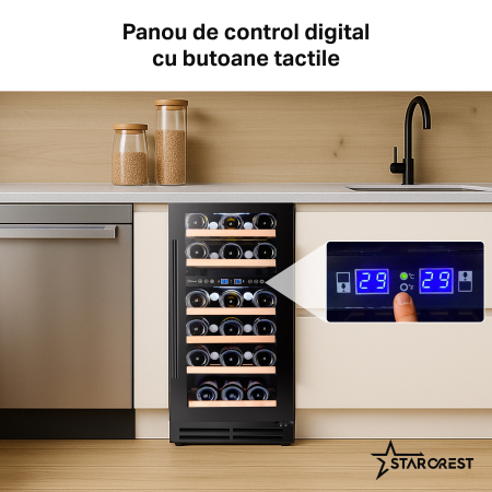Vitrina de vinuri incorporabila STARCREST SWN-8028DZ, Capacitate 28 sticle, Clasa F, Rafturi din lemn de fag, Control electronic, Display, 2 zone de racire, Iluminat interior LED, H 85.5 cm, Negru [3]