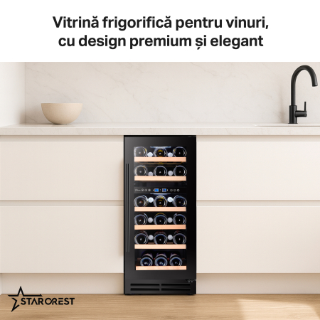 Vitrina de vinuri incorporabila STARCREST SWN-8028DZ, Capacitate 28 sticle, Clasa F, Rafturi din lemn de fag, Control electronic, Display, 2 zone de racire, Iluminat interior LED, H 85.5 cm, Negru [6]