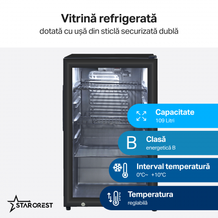 Vitrina frigorifica profesionala STARCREST SBC-109BK, 109 L, Termostat reglabil, Iluminare LED, H 84 cm, Negru [1]