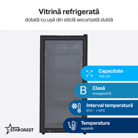 Vitrina frigorifica profesionala STARCREST SBC-160BK, 160 L, Termostat reglabil, Iluminare LED, H 104 cm, Negru [1]