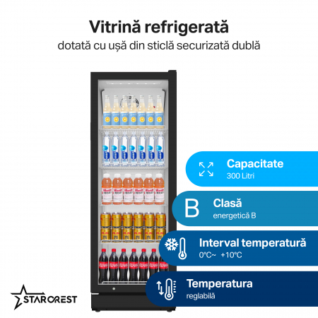 Vitrina frigorifica profesionala STARCREST SPS-300BK, 300 L, Termostat reglabil, Iluminare LED, H 169.5 cm, Negru [1]