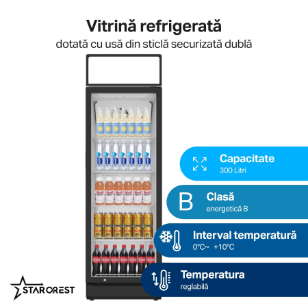 Vitrina frigorifica profesionala STARCREST SPS-300DC, 300 L, Caseta Luminoasa, Termostat reglabil, Iluminare LED, H 193 cm, Negru [1]