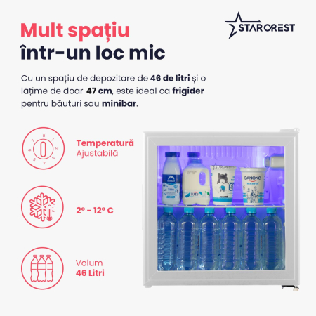 Vitrina frigorifica STARCREST SBC-51WHE, 46 L, Control temperatura, Usa sticla, H 48.8 cm, Alb [2]