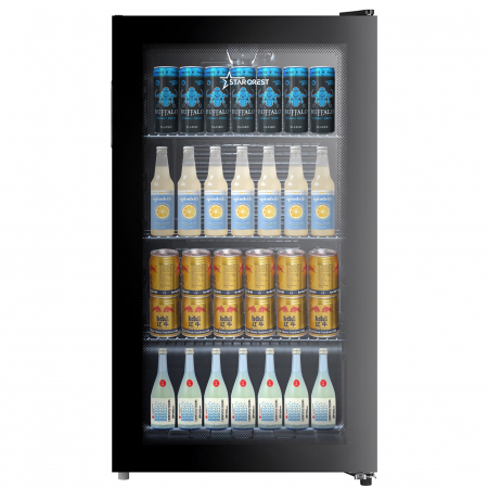 Electrocasnice Mari - Vitrina frigorifica STARCREST SBC-9901BKE, 93 L, Termostat reglabil, Iluminare LED, Usa sticla, H 84.5 cm, Negru