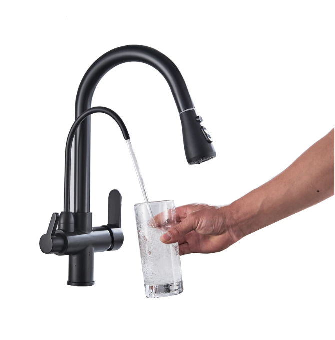 Baterie bucatarie cu montaj pe blat, 3 functii de curgere a apei, negru mat, cu 2 pipe si dus extractabil, AquaSpa [2]