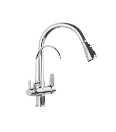 Baterie bucatarie cu montaj pe blat, 3 functii de curgere a apei, negru mat, cu 2 pipe si dus extractabil, AquaSpa [7]