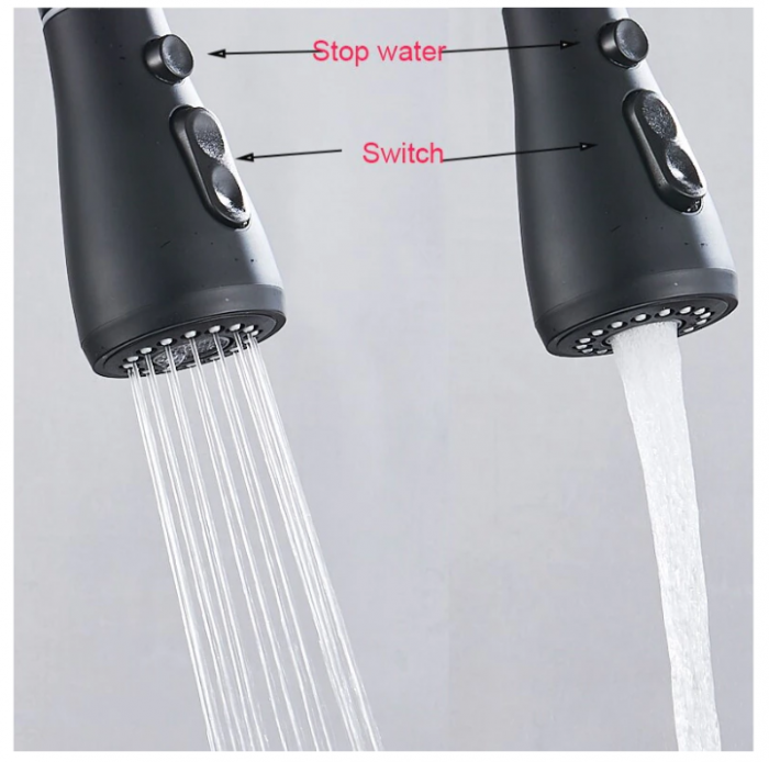 Baterie bucatarie cu montaj pe blat, 3 functii de curgere a apei, negru mat, cu 2 pipe si dus extractabil, AquaSpa [5]